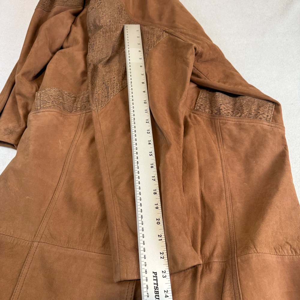 Cayenne Womens Brown Leather Trench Coat Snakeskin Embossed Trim Duster Size M - Picture 6 of 9